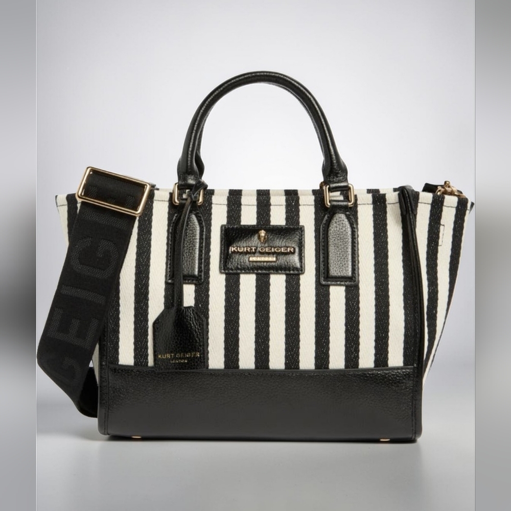 Kurt Geiger Chiswilk Black & White Striped Crossbody/Sachel w/Leather Trim, NWT